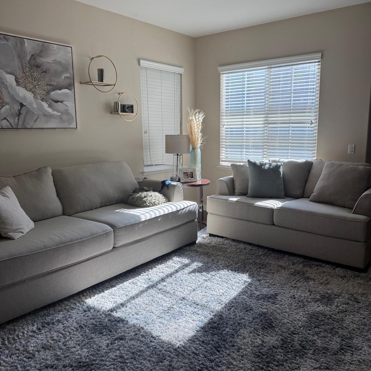 The same living room after cleaning — sofas styled, floors spotless