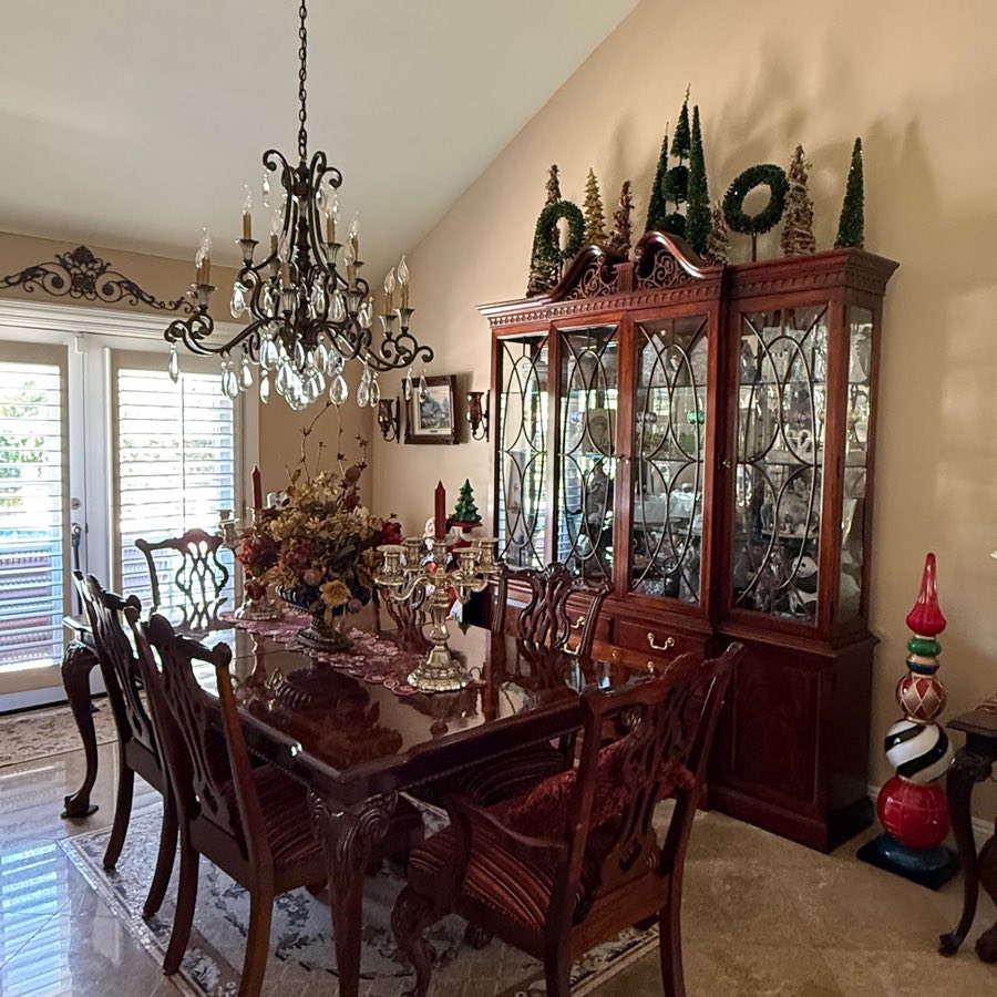 Formal dining room, cleaned and styled